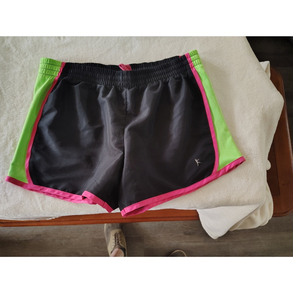 Danskin Now Womens Black Neon Green Pink Running Shortsβ Medium 8-10 Athletic